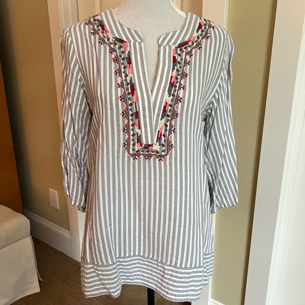 World Market Embroidered Stripe Tunic Blouse with colorful accents
